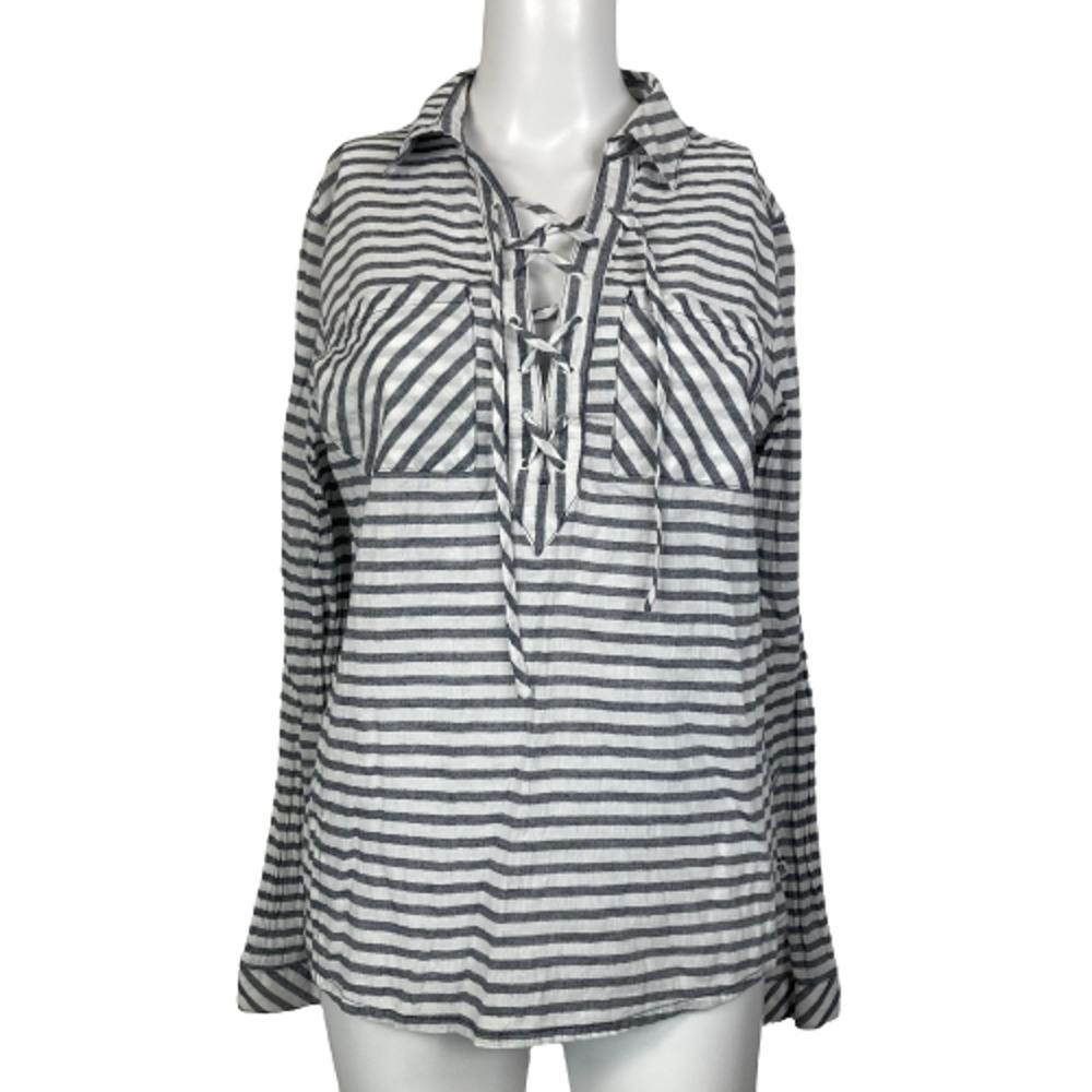 Mountain Hardwear Shirt Womens Sz S Gray White Striped Linen Lace Up Collared